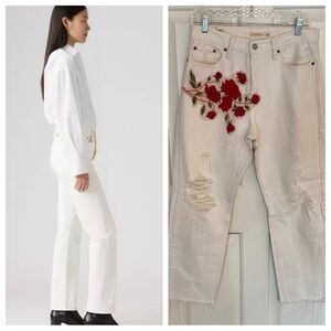 Levi's White Straight Leg Jeans with Red Floral Embroidery